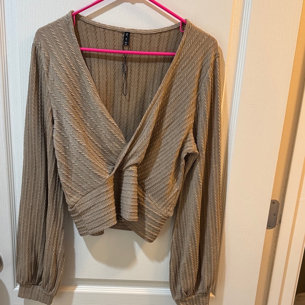 Zaful Taupe Twist-Front Ribbed Long Sleeve Top